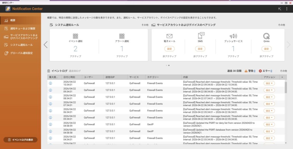 QNAPの通知メール設定画面