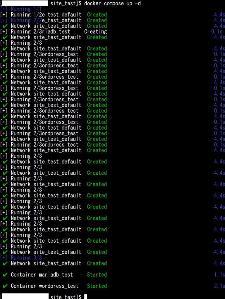 docker compose up -dでmariadb_testとwordpress_testコンテナを起動した実行結果